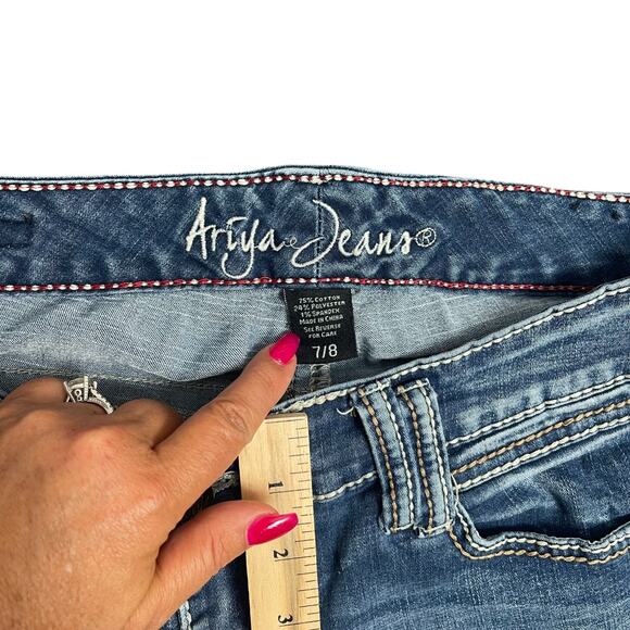 Ariya Jeans Sz 7/8 Y2K Flare Low Rise Flap Pocket Embroidered Distressed Stretch - Picture 10 of 10